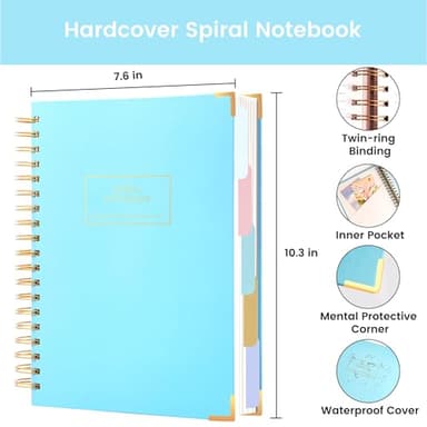 Hardcover Spiral Notebook with Tabs 8"x10" Large Spiral Lined Journals for Women with Dividers 240 Pages College Ruled Composition Notebook 5 Subject Notebook for Work, Back to School, Gifts, Blue - Image 7