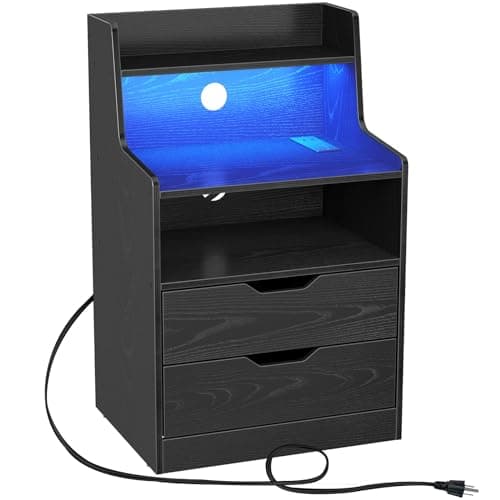 Rolanstar Nightstand with Charging Station and LED Lights, 2 AC and USB Power Outlets, Night Stand with 2 Drawers and Storage Shelves, Bedside Table for Bedroom - Black - Image 1