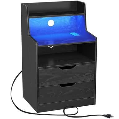 Rolanstar Nightstand with Charging Station and LED Lights, 2 AC and USB Power Outlets, Night Stand with 2 Drawers and Storage Shelves, Bedside Table for Bedroom - Black - Image 1