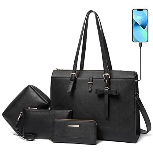 Keyli Laptop Tote Bag for Women Waterproof Leather Work Laptop Briefcase with Built-in USB Charging Port Computer Shoulder Bags Fits 15.6 Inch, Business Handbag Purse 4pcs Set Black - Image 1