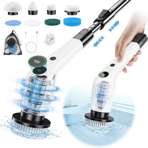PUFTEM Electric Spin Scrubber, Cordless Shower Scrubber with 8 Scrub Brush, 2 Speed with Adjustable Extension Handle, Battery Level Display, Power Scrubber for Bathroom Bathtub Tile Floor (Black) - Image 1
