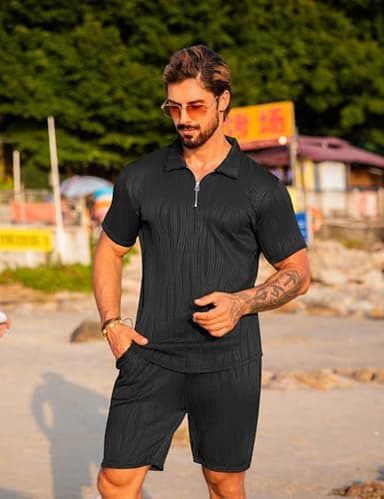 URRU Men's 2 Piece Outfits Short Sleeve Casual Zip Polo Shirt and Shorts Set Black XL - Image 3
