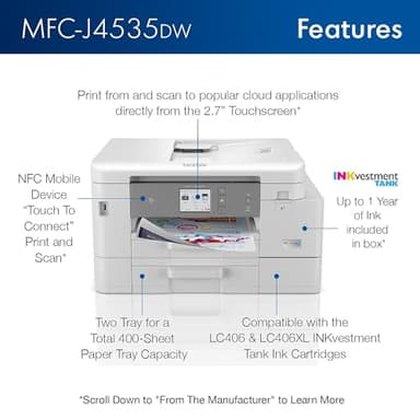 Brother MFC-J4535DW INKvestment -Tank All-in-One Color Inkjet Printer with NFC, Duplex and Wireless Printing Plus Up to 1-Year of Ink in-Box, White - Image 3