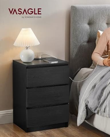 VASAGLE Nightstands with Charging Station, Set of 2, AC Outlets and USB Ports, Bedside Tables, Side Tables with 3 Drawers, Modern Style, 13.8 x 15.7 x 23.2 Inches, Ebony Black ULET731B58 - Image 2