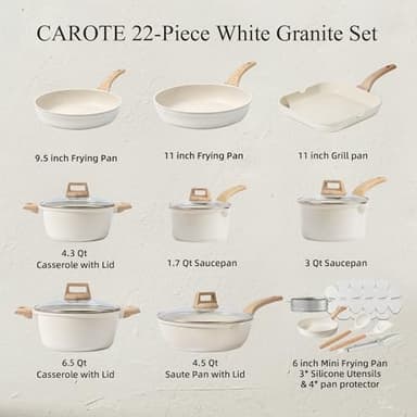 CAROTE 22pcs Pots and Pans Set Nonstick, Cookware Set White Granite Induction Kitchen Cooking Set w/Frying Pans & Saucepans& Grill Pan(PFOS, PFOA Free) - Image 2