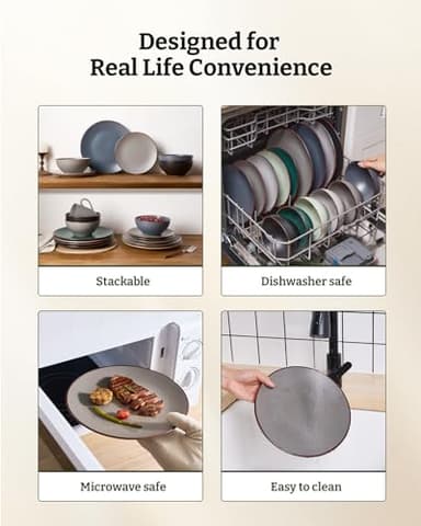 Famiware Venus Plates and Bowls Sets, 12 Pieces Stoneware Speckled Dinnerware Sets, Dishes Set for 4, Microwave and Dishwasher Safe, Matte Dark Grey - Image 7