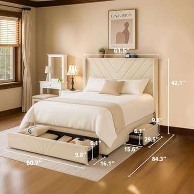 COMHOMA Queen Bed Frame with Headboard and USB & Type-C Charging Ports,Storage Drawers,Modern Upholstered Platform Frames with Padded Headboard, Heavy Duty Structure,No Box Spring Needed,White - Image 4