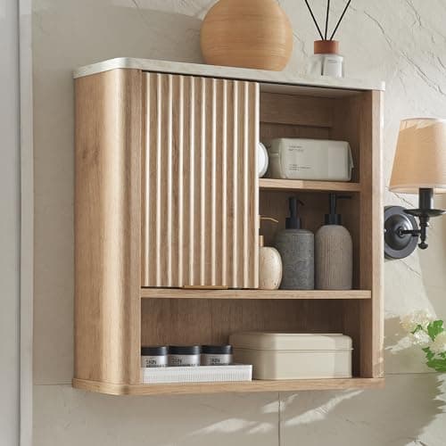 RedLemon Bathroom Wall Cabinet w/Fluted Sliding Door, Modern Medicine Cabinet w/Faux Marble Top & Adjustable Shelf, Curved Profile Wall Mounted Storage Organizer, Natural Oak Color - Image 1