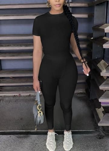 AYWA Two Piece Outfits for Women Fitted Crew Neck T-shirt High Waist Leggings Biker Shorts Matching Sets Streetwear (Black, Large) - Image 3