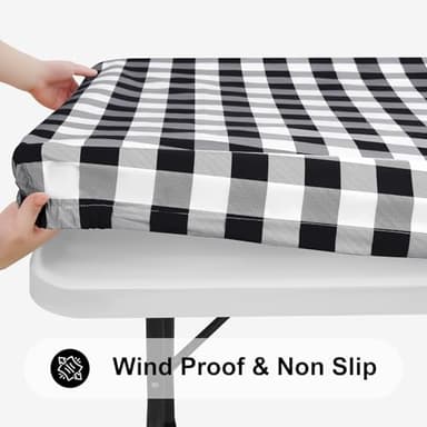 Smiry Rectangle Picnic Table Cloth, Elastic Waterproof Fitted Vinyl Tablecloths, Flannel Backed Buffalo Plaid Table Covers for Dining, Camping, Outdoor (Black and White, 36" x 60") - Image 2