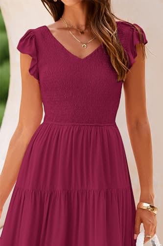 PRETTYGARDEN Women's Summer Flowy Maxi Dress Casual Cap Sleeve V Neck Smocked Beach Sundress (Solid Wine Red,Large) - Image 5