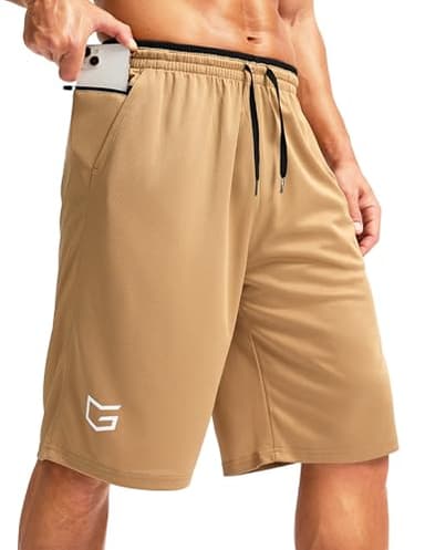 G Gradual Men's Long Basketball Shorts with Zipper Pocket 11'' Quick Dry Gym Shorts Lightweight Mesh Athletic Shorts for Men(Khaki,L) - Image 1