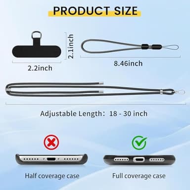 SS Cell Phone Lanyard, 2 Pack Adjustable Phone Lanyard Crossbody Neck Strap & 2 Phone Wrist Strap with 2 Phone Tether Patches for Most Smartphones, Black Grey - Image 5