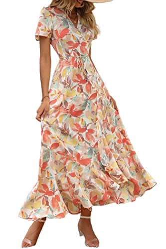 PRETTYGARDEN Women's Summer Wrap Maxi Dress Casual Boho Floral V Neck Short Sleeve Ruffle Hem Split Beach Long Dresses (White Floral,Large) - Image 1