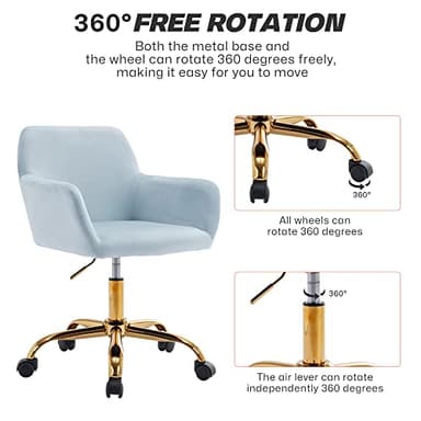KCC Velvet Office Desk Chair, Comfy Swivel Modern Leisure Armchair with Wheels, Upholstered Comfy Velvet Fabric Makeup Chair Height Adjustable for Teens Women Girls Elegant Home Office, Baby Blue - Image 5