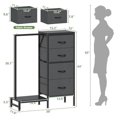HIGDBFE Dresser with Hanging Rack, 4 Drawers Small Closet for Bedroom, Reversible Fabric Chest of Drawers with Clothes Rack, Tall Storage Tower, Sturdy Frame, Grey, 44''H - Image 3