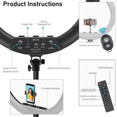 Hagibis 21 inch Ring Light with Stand Outer 55W 5600k Dimmable LED Light, Tripod Stand,and Phone Holder,Remote Controller,Carrying Bag ,CRI 97+ 2540lux, for Streaming Home Office Zoom Call Lighting - Image 5