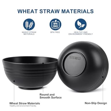 HOTEC BPA Free Unbreakable Wheat Straw Cereal Bowls - Microwave & Dishwasher Safe Soup and Salad Bowls, Set of 8, 26oz, Black - Image 3