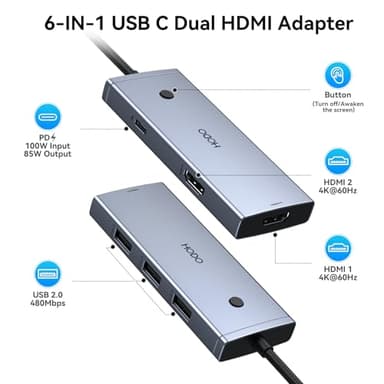HODO Docking Station to Dual HDMI Monitors Adapter USB C to Dual HDMI Adapter 4K 60 Hz for Laptops Docking Station Dual Monitor with PD 3 USB Port Button Compatible for HP Elitebook Dell XPS 13 15 etc - Image 2