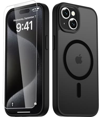 LATVIN for iPhone 15 Case, Magnetic Phone Cover with 1 Screen Protector, Compatible with MagSafe, Military Grade Protection, Translucent Matte Frosted Back, Black - Image 1