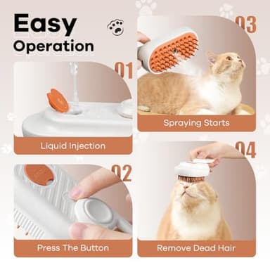 Cat Steam Brush for Shedding, 4 in 1 Rechargeable Steam Brush for Cats and Dogs, Anti-Static, Massage, Cleaning, Shedding & Combing All In One Ear Wax Removal Tool Camera (white Orange) - Image 2