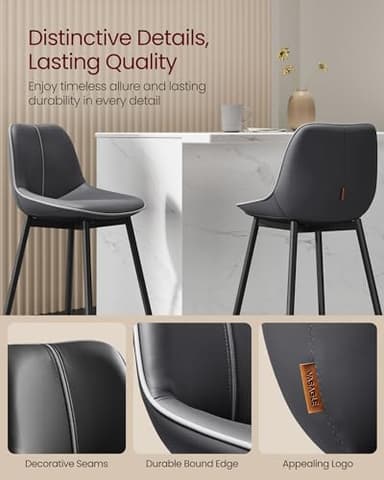 VASAGLE Bar Stools Set of 2, Bar Height Bar Stools with Back, Ergonomic Backrest, Synthetic Leather, Metal Legs, 28.7-Inch Tall Barstools for Kitchen Island Home Bar, Easy Assembly, Ink Black - Image 8