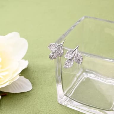 Silver Leaf Stud Earrings for Women Cubic Zirconia Earrings Studs 925 Sterling Silver Earrings Crystal Earrings Cz Studs Earrings for Gift - Image 4