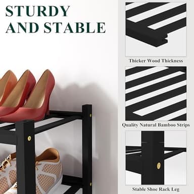 Smiry Shoe Rack, 3 Tier Small Bamboo Shoe Organizer, Stackable Free Standing Wooden Shoe Storage Shelf for Closet, Entryway, Front Door Entrance, Black - Image 5