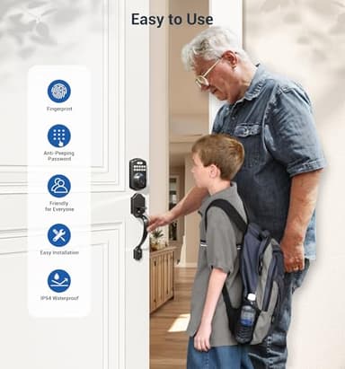 Veise Fingerprint Door Lock Set, Keyless Entry Door Lock, Front Handle Set, Electronic Keypad Deadbolt with Lever Handle, 2 Keys, Auto-Locking, One-time Codes, Easy to Install, Matte Black - Image 5