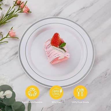Goodluck 200PCS Silver Plastic Plates, Heavy Duty Disposable Gold Plates with 100 10.25 inch Dinner Plates and 100 7.5 inch Dessert Plates, Disposable Plates for Party, Holiday, Wedding, Christmas - Image 5