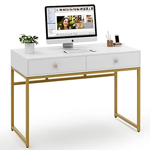 Tribesigns Computer Desk, Modern Simple 47 inch Home Office Desk Study Table Writing Desk with 2 Storage Drawers, Makeup Vanity Console Table, White and Gold - Image 1