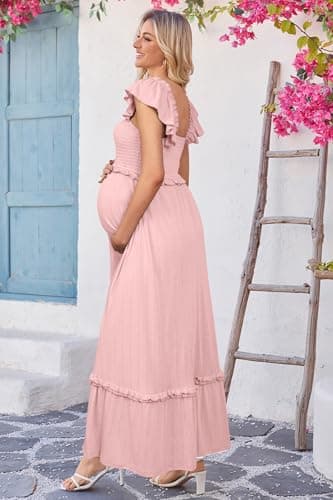 OUGES Womens 2025 Summer Maternity Baby Shower Dress Casual Boho Maxi Smocked Maternity Photoshoot Dresses Ruffle Sleeve Square Neck Gender Reveal Long Dress Pregnancy Must Have Clothes (Pink,L) - Image 7