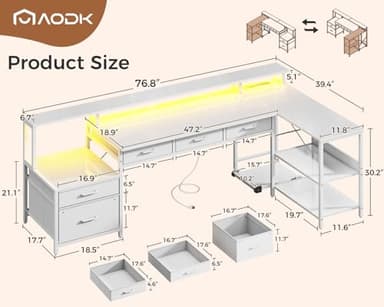 AODK L Shaped Desk with 5 File Drawers, 75" Reversible L Shaped Computer Desk with Power Outlet & LED Strip, Office Desk with Storage Shelves, Gaming Table with Monitor Shelf, Corner Table, White - Image 3