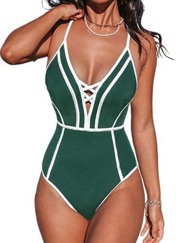 CUPSHE Women's One Piece Swimsuit Plunging V Neck Bathing Suit Crisscross Back Tie Slimming Sculpting Color Block, XS - Image 1