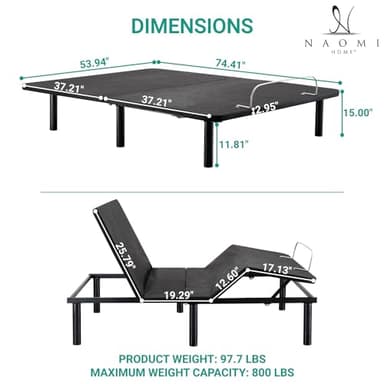 Naomi Home Serenity Full Adjustable Bed Base, Zero Gravity, Wireless Remote, USB Ports, 800 lb Capacity, Black Metal Frame, Easy Assembly for Enhanced Comfort and Relaxation - Image 2