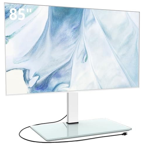 FITUEYES Universal TV Stand with Power Outlets for 50-85 inch TVs, Swivel&Height Adjustable Tall TV Stand for Bedroom Living Room, 27.5''Large Tempered Glass Base Holds up to 143 lbs, Ivory White - Image 1