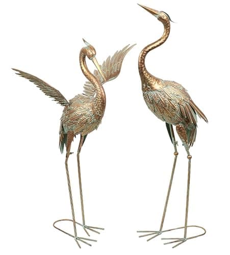 TERESA'S COLLECTIONS Garden Decor, Set of 2 Cranes Garden Decor, 33-39", Elegant Cranes with Golden Painting, Waterproof Metal Garden Statue, Herons Gifts Birthday Gifts for Women Mom - Image 1