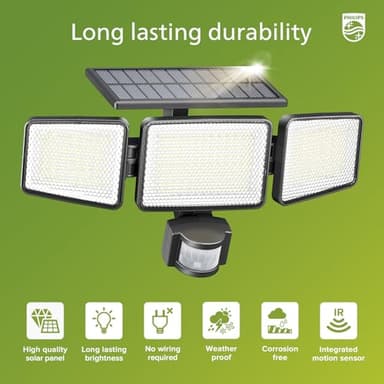 Philips Solar Security Light Outdoor 302 LED 1200lm, Solar-Powered Waterproof Wall-Mounted Floodlight w/PIR Motion Sensor, 3 Heads, IP65 Waterproof, 3 Modes - Image 2