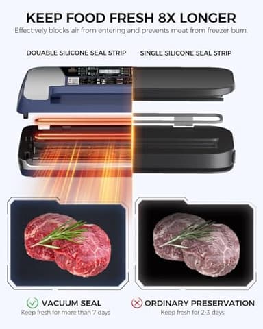 95kpa Vacuum Sealer Machine, Commercial Full Automatic Food Sealer, Vacuum Sealer for Food with Cutter, 10 Pre-cut Bags & Bag Rolls and Accessory Hose, Fully Starter Kits, Dark Blue - Image 3