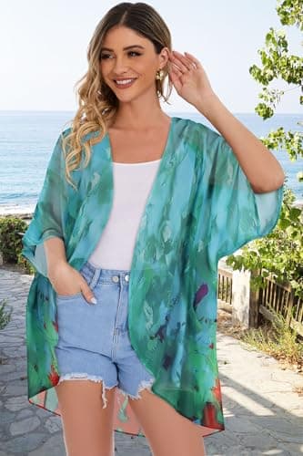 Womens Short Cardigans Casual Oversized Open Front Kimono Tops Bathings Suit Cover-ups (Teal Blue Print, 3XL) - Image 4