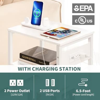 Yoobure Record Player Stand, 3-Tier White Side Table with Charging Station, Small End Table Record Holder with Vinyl Storage, Beside Tables Turntable Stand for Album CD, Night Stand for Living Room - Image 4