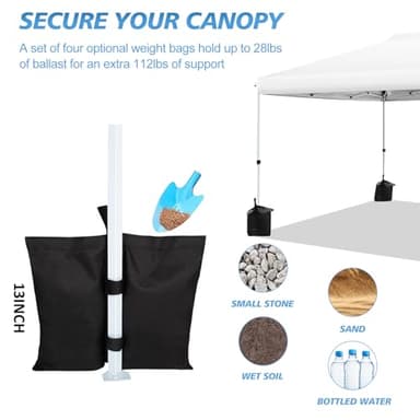 WEIZE Pop up Canopy Tent 10x10ft, 1-Button Push Setup, Instant Portable Shelter, Adjustable Height, Portable Roller Bag, 4 Weight Bags, Guy Ropes & Stakes Included, White - Image 5