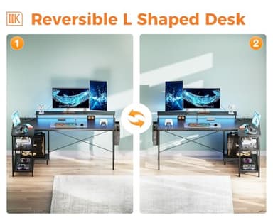 ODK 58 Inch Gaming Desk with USB Charging Ports and LED Lights, Reversible L Shaped Computer Desk with Storage Shelves & Monitor Stand, Corner Gamer Desk Table with Power Outlets, Black - Image 8