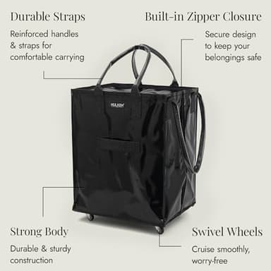 HULKEN - Large, Black - Reusable Grocery Bag On Wheels, Shopping Trolley, Rolling Tote, Zipper Closure, Lightweight, Carries Up to 66 lb & Fits 5 Grocery Bags, Folds Flat, Unbreakable Handles - Image 7