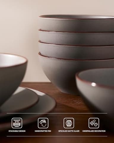 Famiware Venus Plates and Bowls Sets, 12 Pieces Stoneware Speckled Dinnerware Sets, Dishes Set for 4, Microwave and Dishwasher Safe, Matte Dark Grey - Image 6