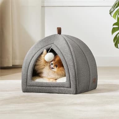 Bedsure Cat Beds for Indoor - 2 in 1 Cat Cave House Tent for Kittens and Small Pets with Removable Washable Cushioned Pillow, Foldable Kitten Hideaway with Non-Slip Bottom, Grey, 17.3 inches - Image 1