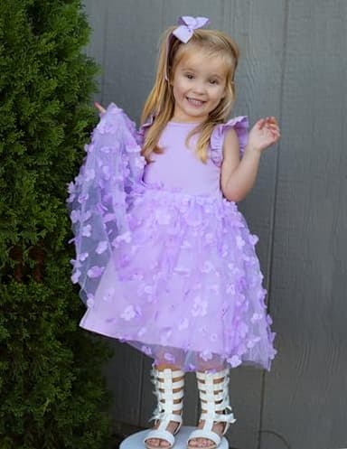 Flypigs Toddler Tutu Dress Girls Flutter Summer Dresses Formal Purple Butterfly Easter Sundress for 5 Years - Image 3