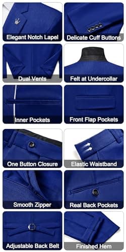 MAGE MALE Mens Suits Slim Fit 3 Piece Tuxedo Suit One Button Solid Prom Wedding Party Blazer Vest Pants Set with Tie Royal Blue - Image 3