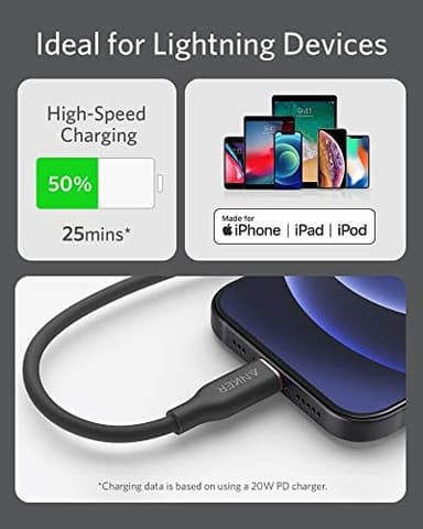 Anker USB C to Lightning Cable, MFi Certified Powerline III Flow Silicone Charging Cable for iPhone 13 13 Pro (Midnight Black, 6ft) - Image 6