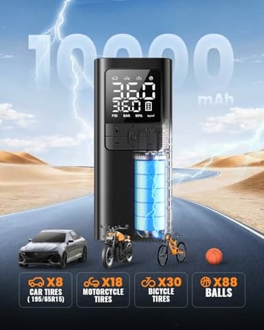 Tire Inflator Portable Air Compressor - 150PSI & 10000mAh Cordless Air Pump with Digital Tire Pressure Gauge, Accurate Dual LCD Display & LED Light, for Car/Motorcycle/E-Bike/Ball - Image 4